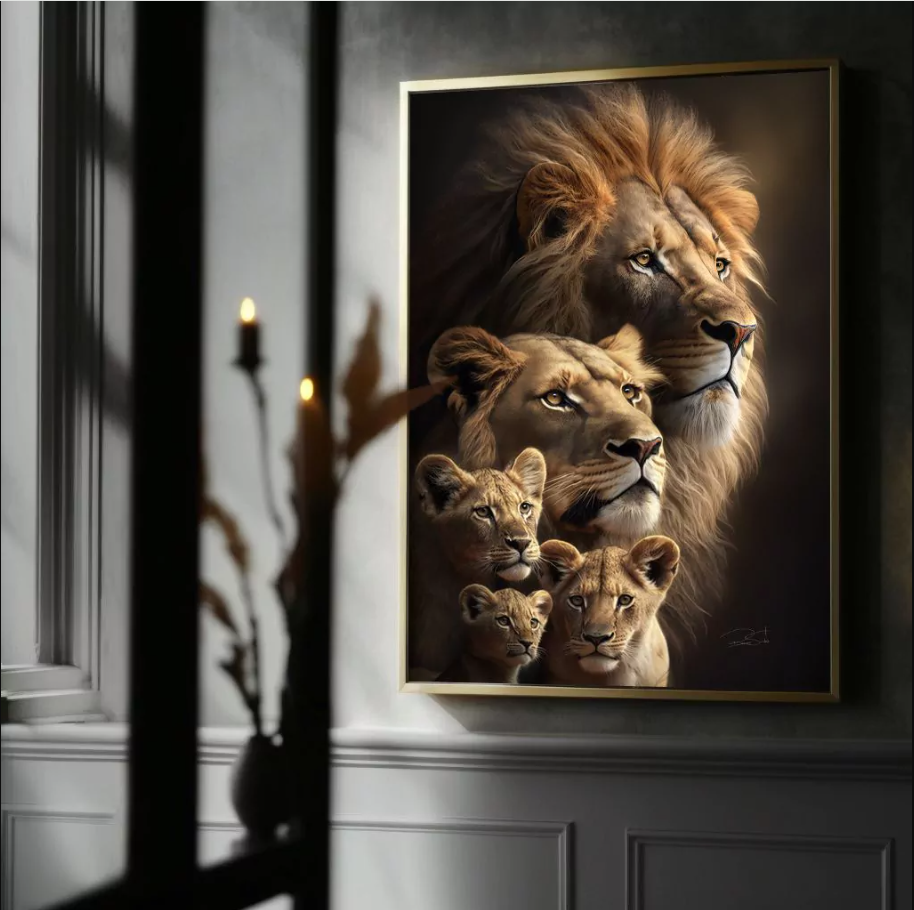 Quadro Familia De Leão 3 Filhotes