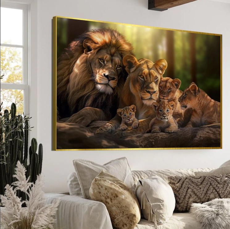 Quadro Familia De Leão 4 Filhotes