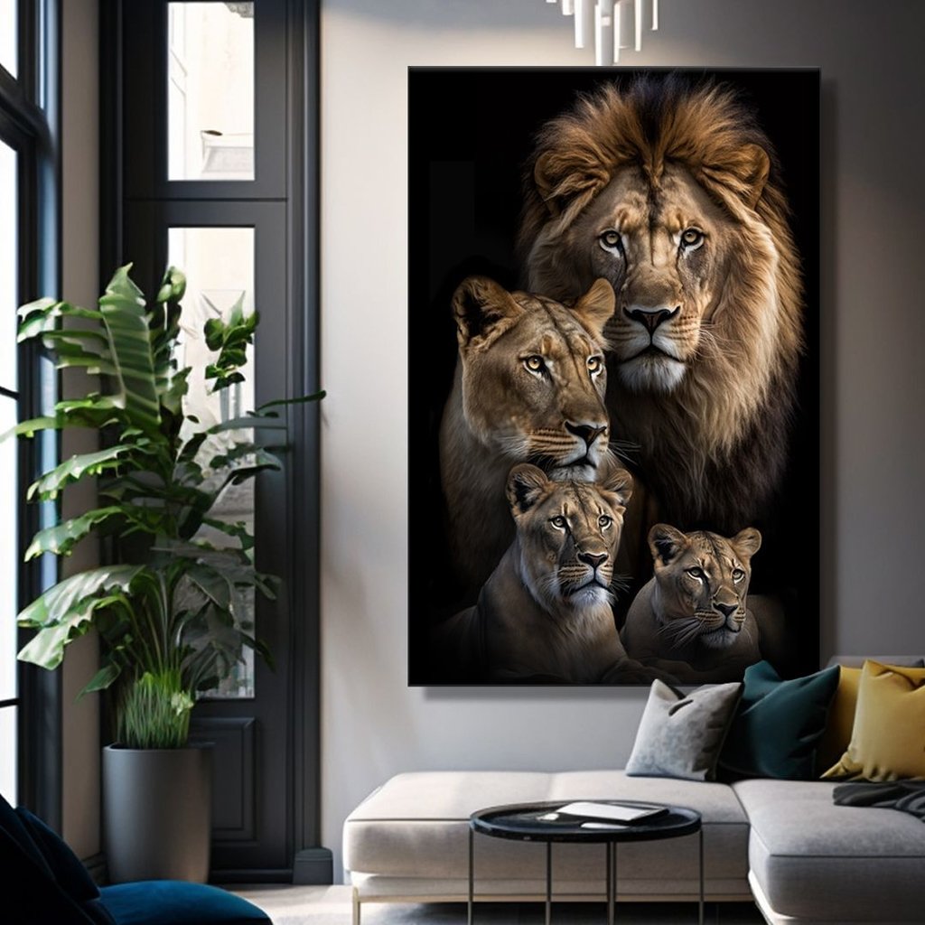 Quadro Familia de Leão e 2 Filhotes