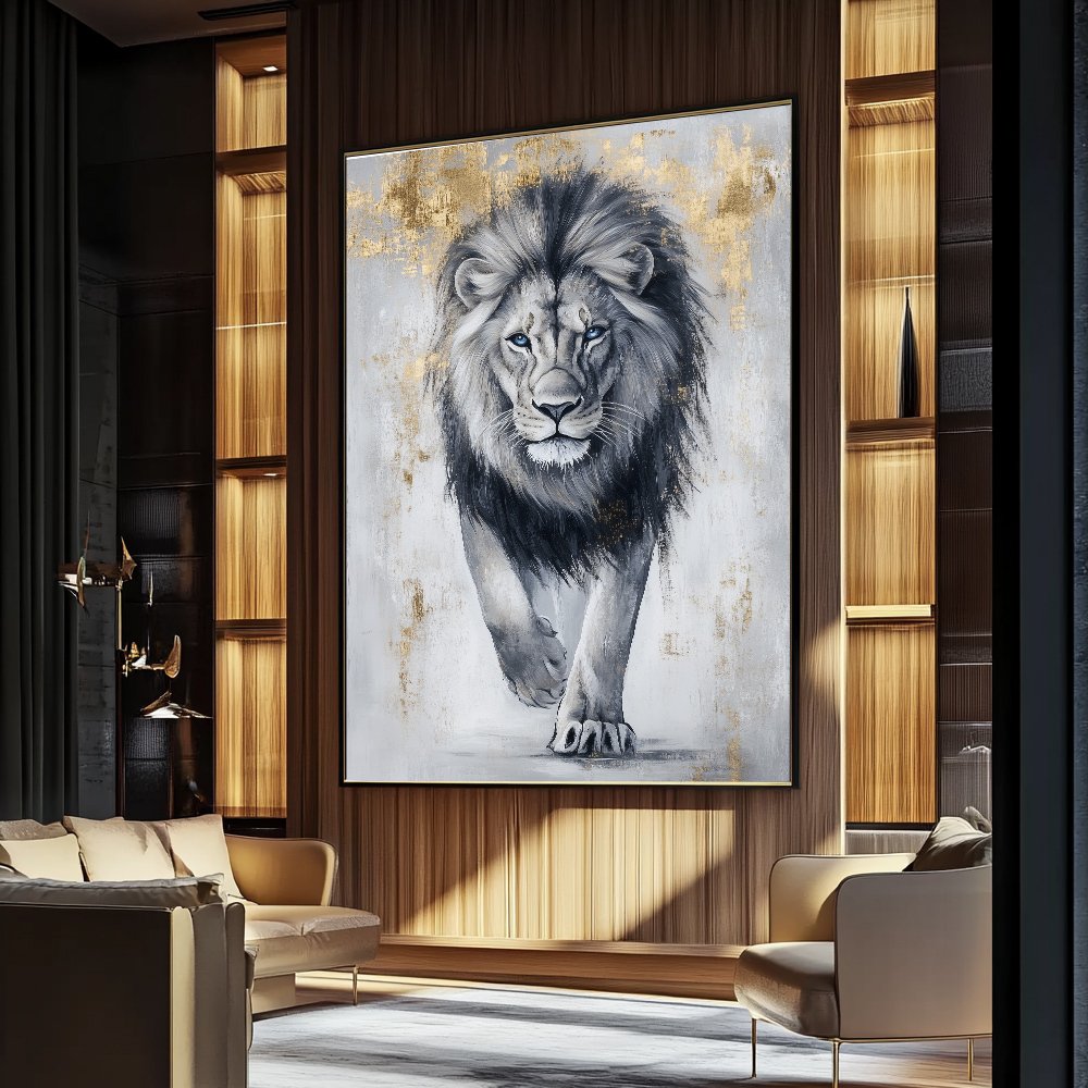 Quadro Pintura Leão Com Detalhes Dourados