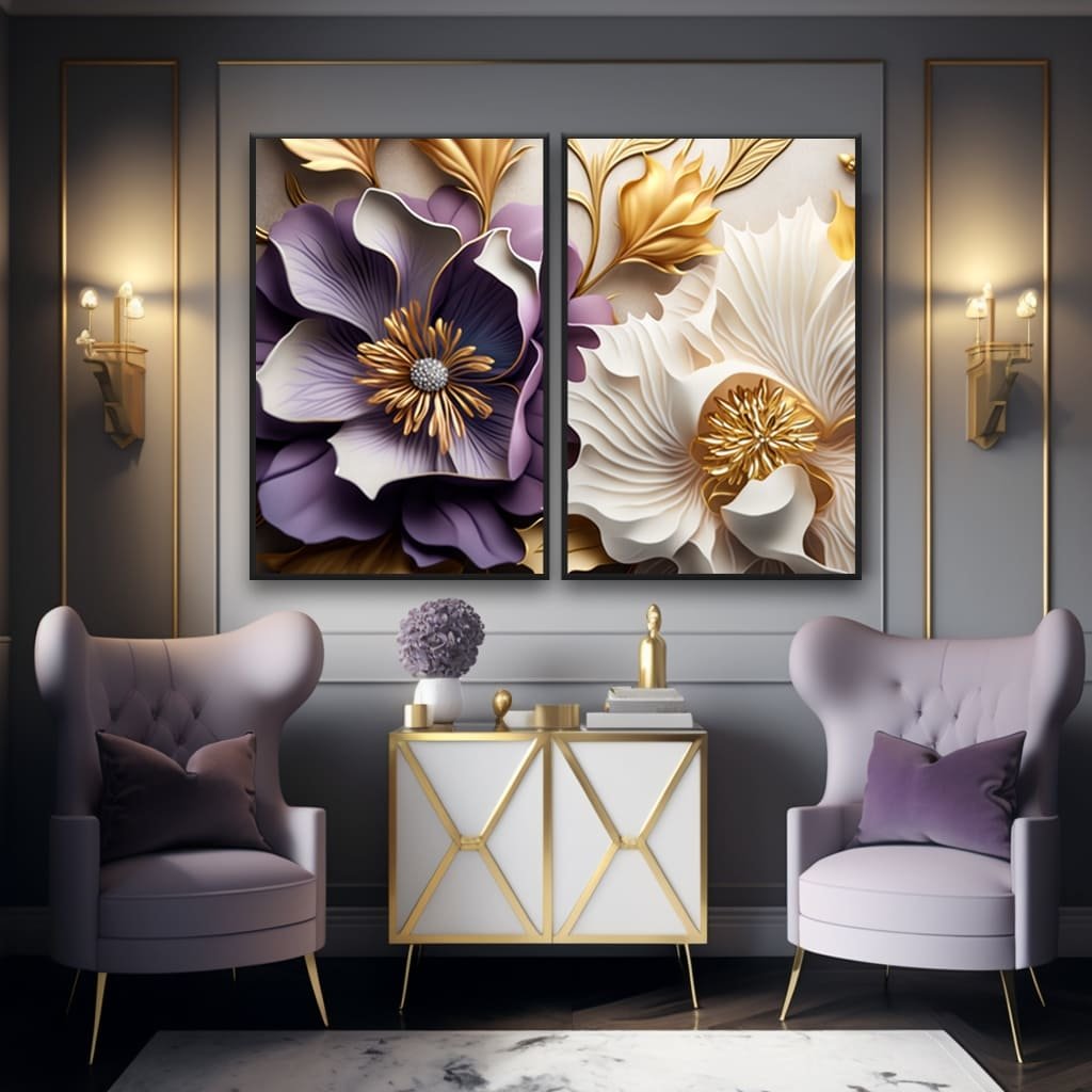 Quadros Duo Flores Lilas e Branca