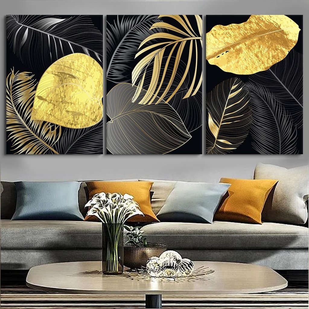Quadros Trio Flowers Gold and Black